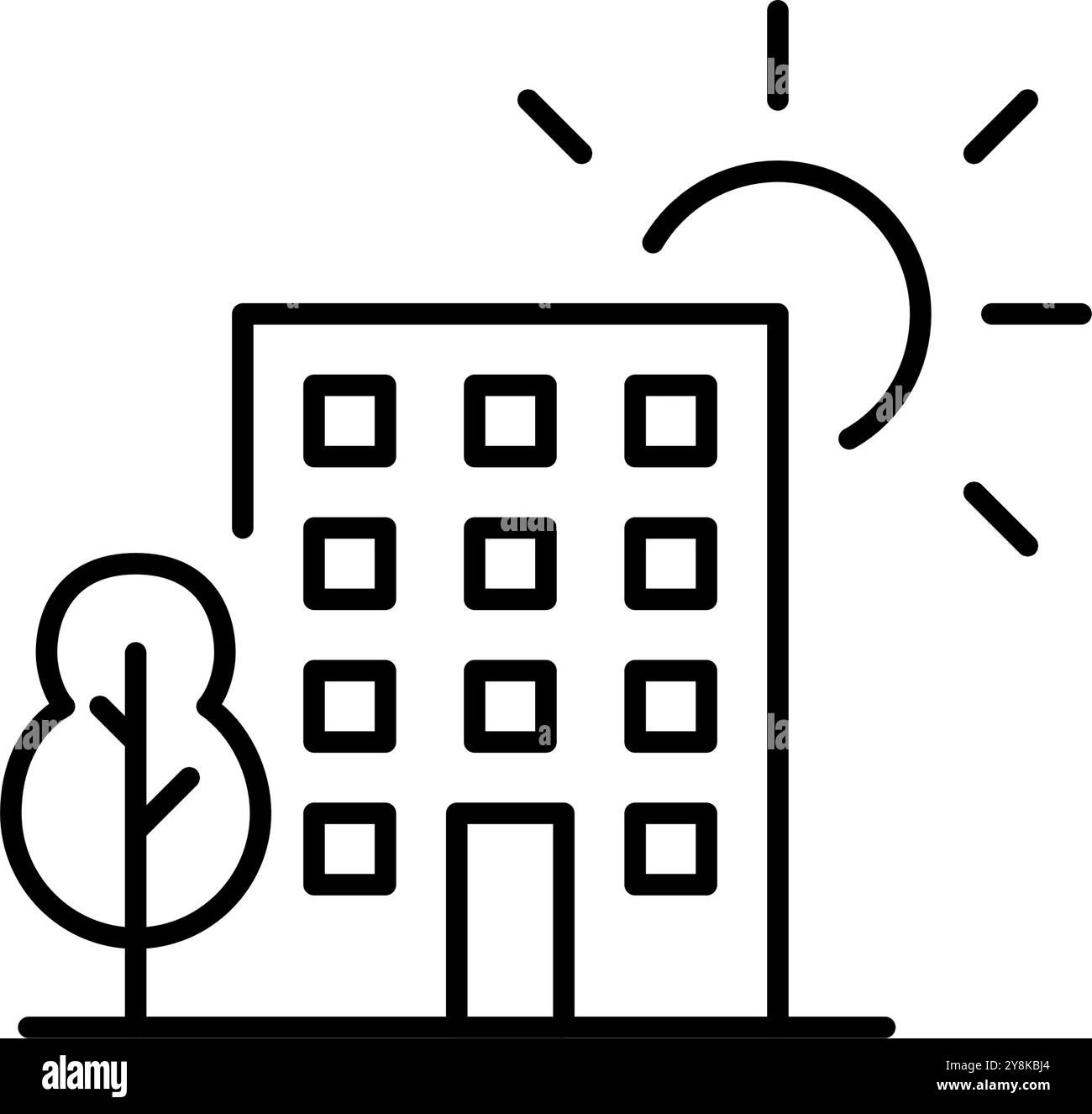 Immeuble résidentiel, soleil et arbre. Climat chaud vie confortable. Immobilier urbain. Icône de contour pixel Perfect, modifiable Illustration de Vecteur