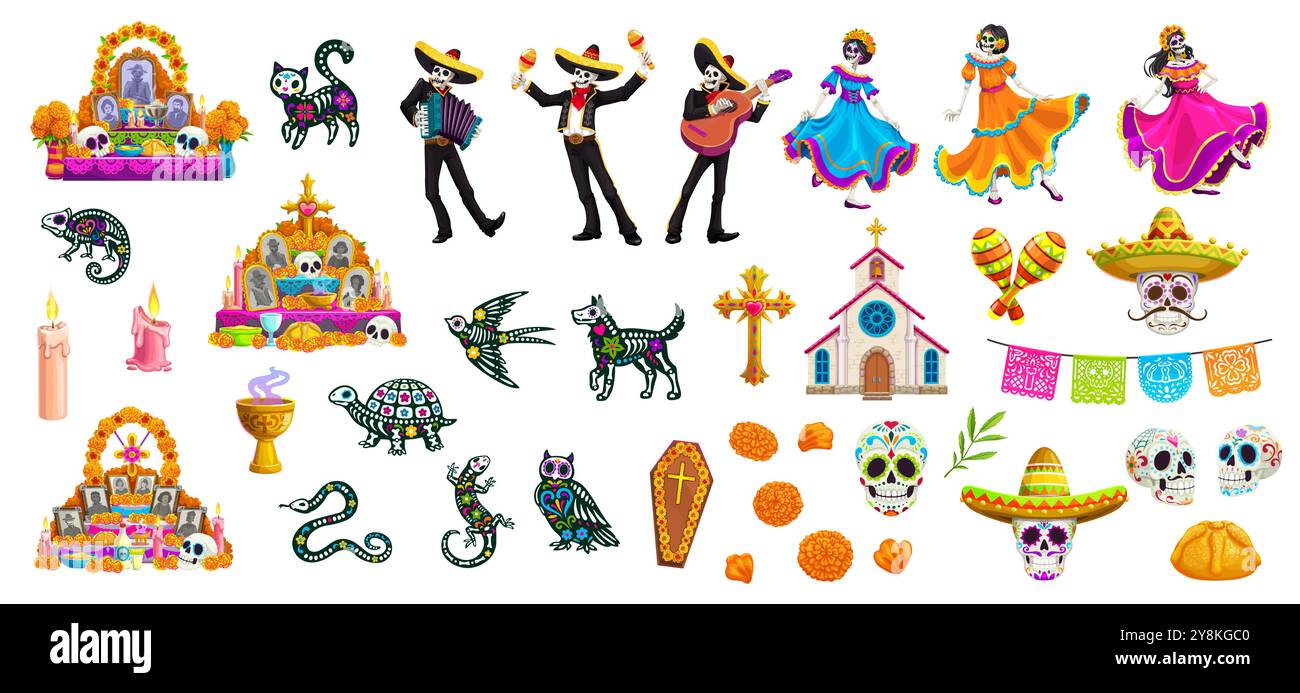 Jour de dessin animé des personnages morts dia de los muertos et des éléments de vacances ensemble. Squelettes de vecteur, soucis, autel, crânes de sucre, bougies, instruments et vêtements traditionnels, représentant la célébration Illustration de Vecteur
