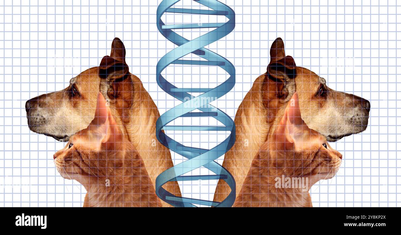 Clonage d'animaux de compagnie en tant que clone de chat ou de chien en tant que répliques génétiquement identiques en tant qu'animaux de compagnie jumeaux génétiques représentant la science et la biologie nouvelles ou les soins vétérinaires. Banque D'Images