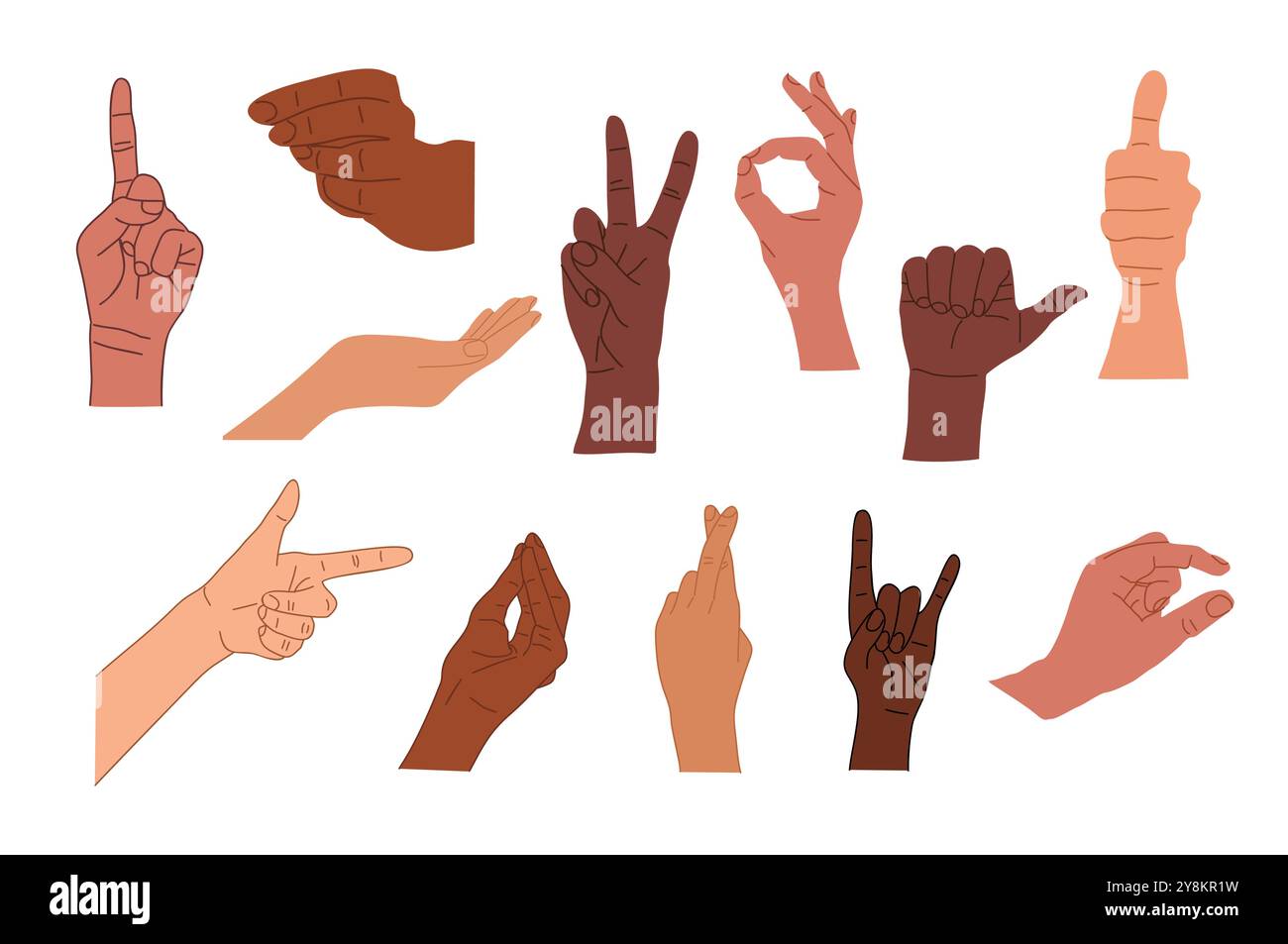 Ensemble de mains humaines diverses avec des gestes différents Illustration de Vecteur