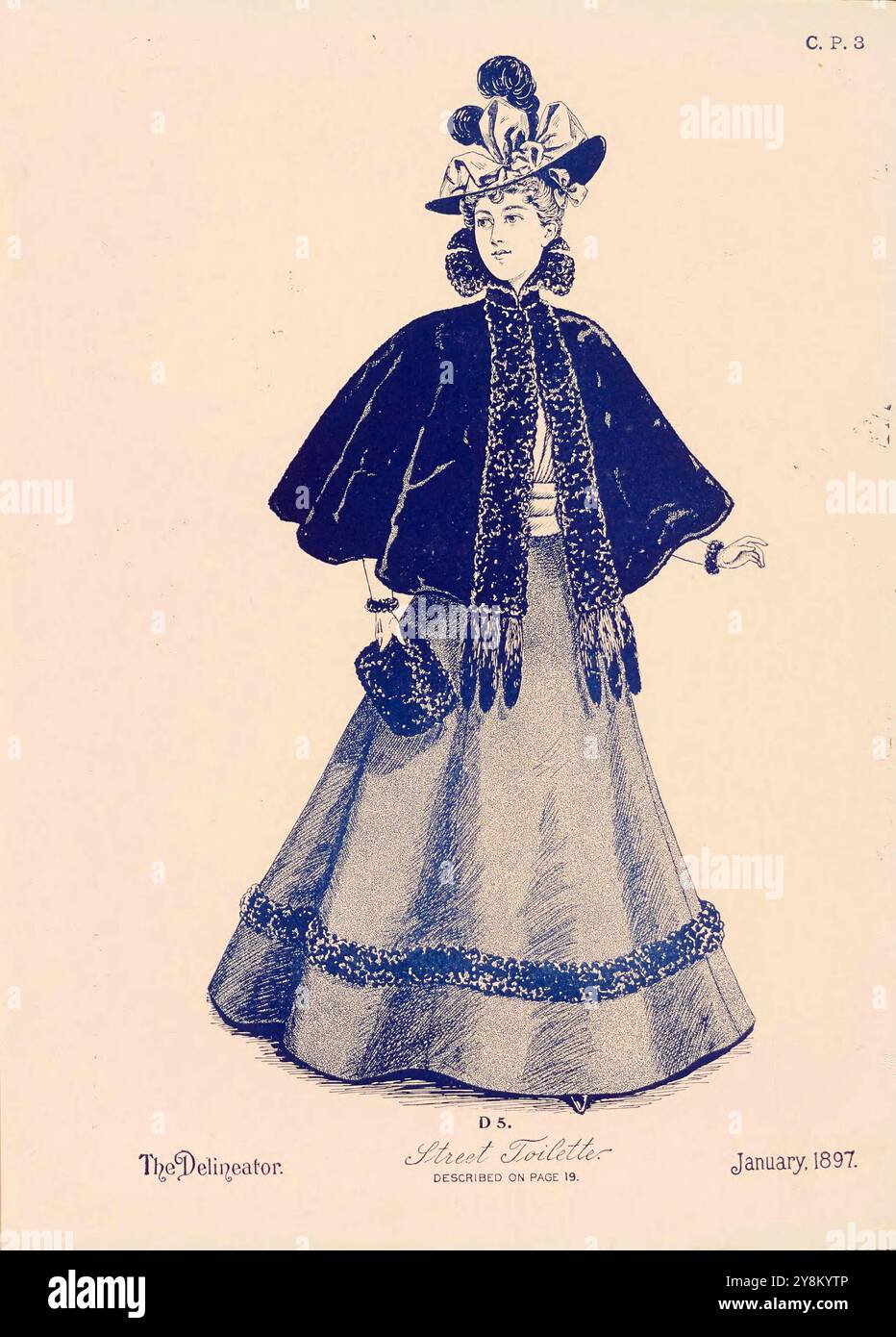 Femme Street toilette manteau et chapeau, probablement mode hiver. Vintage Women Fashion illustration de The Delineator, janvier 1897 Banque D'Images