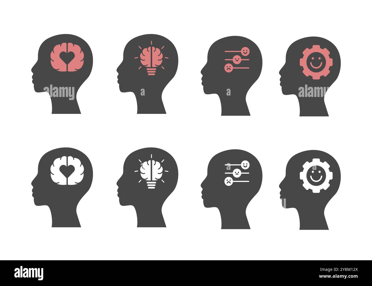 Ensemble d'icônes de silhouettes de tête humaine avec des icônes d'intellect émotionnel de couleur rose et découpé. Illustration de Vecteur