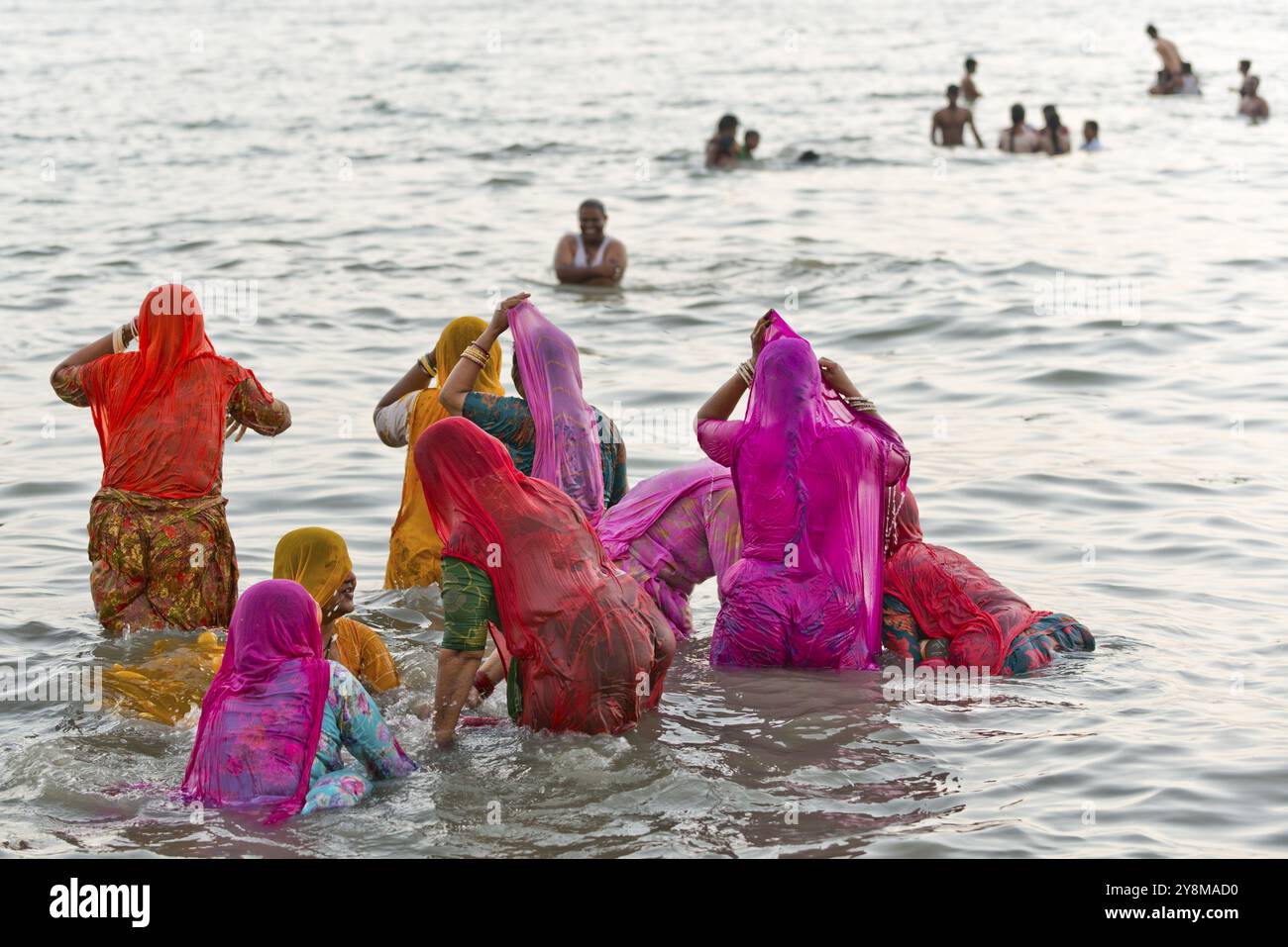 Pèlerins hindous, femme en saris colorés, prendre un bain sacré dans la mer devant le lever du soleil à Ghat Agni Theertham, Rameswaram ou Rameshwaram, île de Pamban Banque D'Images