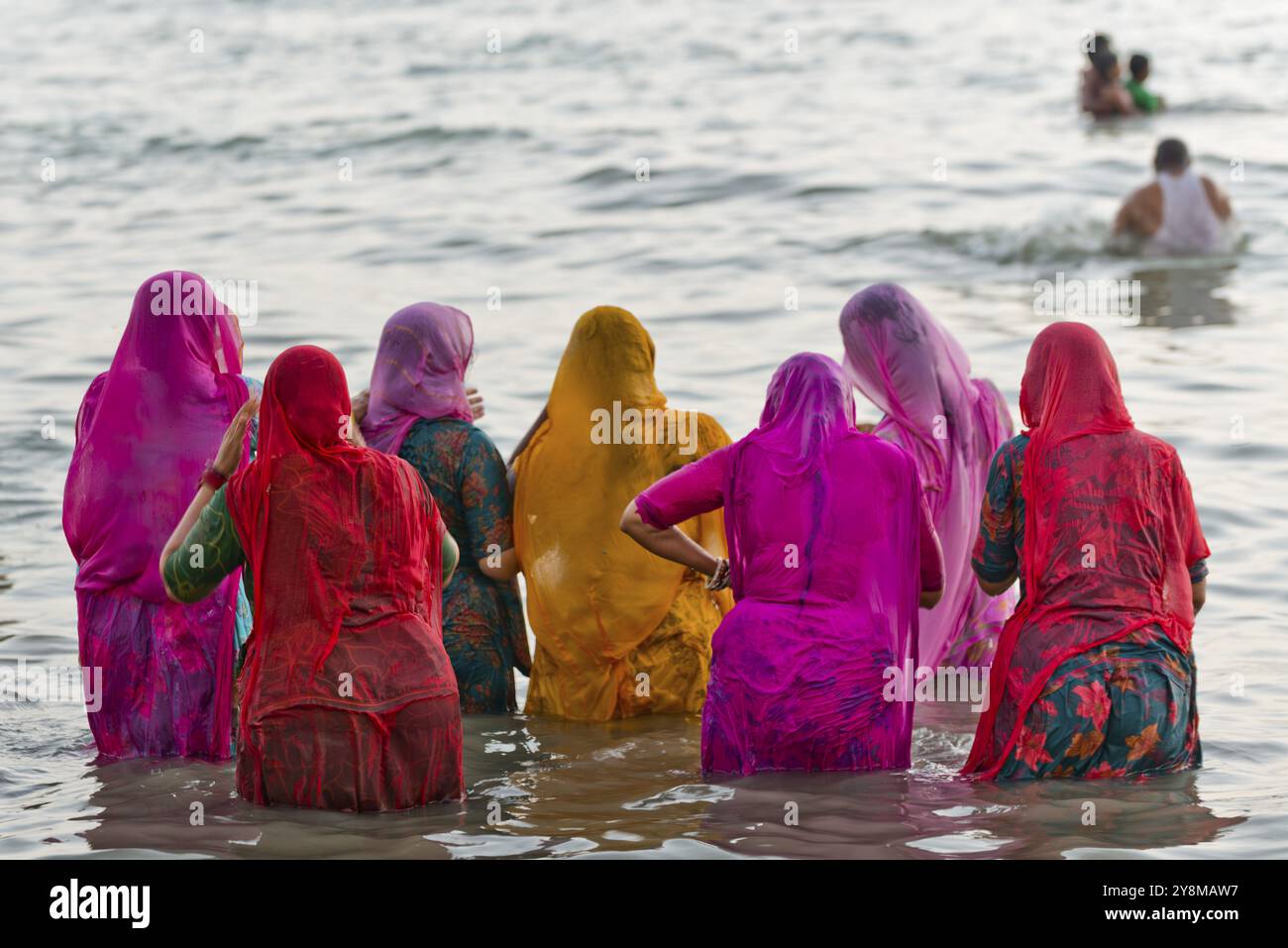 Pèlerins hindous, femme en saris colorés, prendre un bain sacré dans la mer devant le lever du soleil à Ghat Agni Theertham, Rameswaram ou Rameshwaram, île de Pamban Banque D'Images