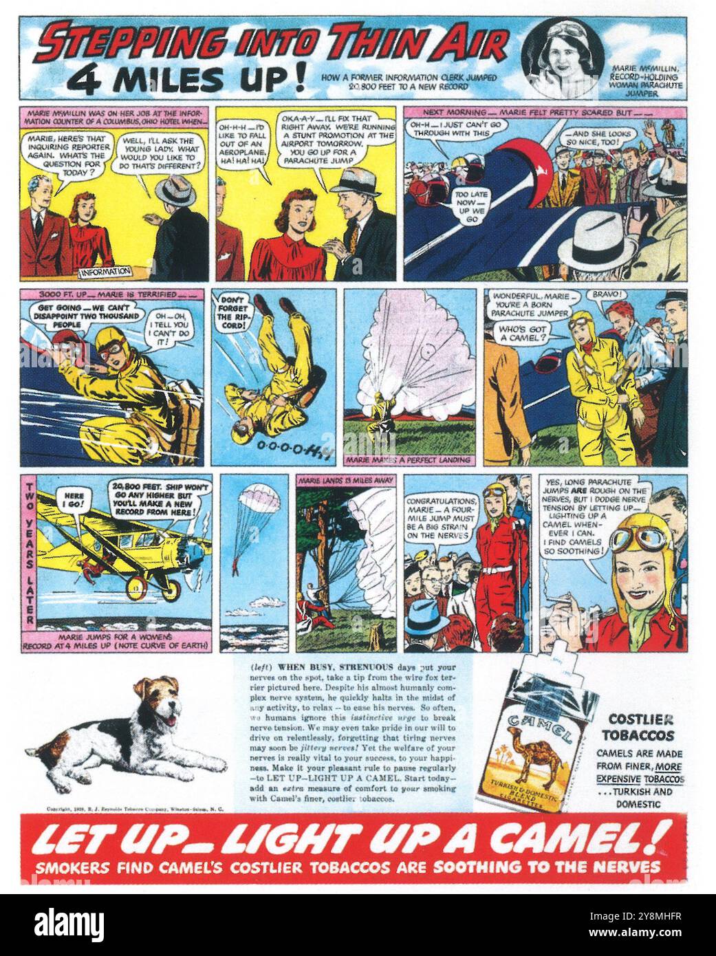 1939 Camel cigarette ad avec Marie McWillin, femme sauteur en parachute Banque D'Images