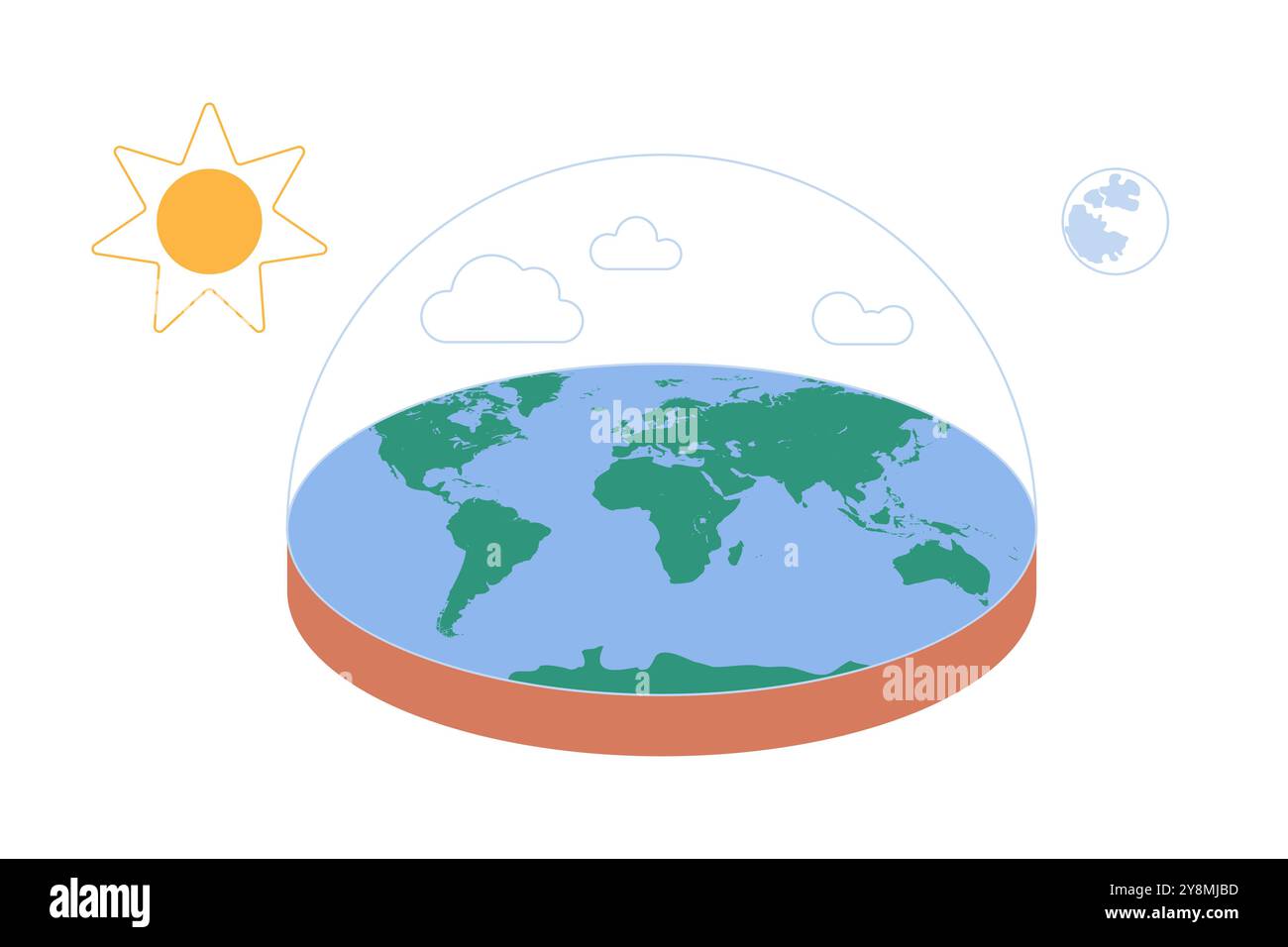 Fausse théorie du complot de la planète Terre plate, canular et idées fausses trompeuses répandues dans les médias sociaux et la télévision. Modèle plat de globe avec carte du monde, dôme d'air, illustration vectorielle de dessin animé de soleil et de lune Illustration de Vecteur