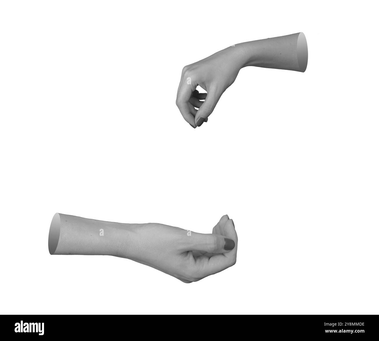 Main offrant de l'aide, geste ouvert de la paume pour la charité. Femme donnant et recevant un soutien, isolée sur fond blanc. Bras tendus, nécessiteux, pauvres, h. Banque D'Images