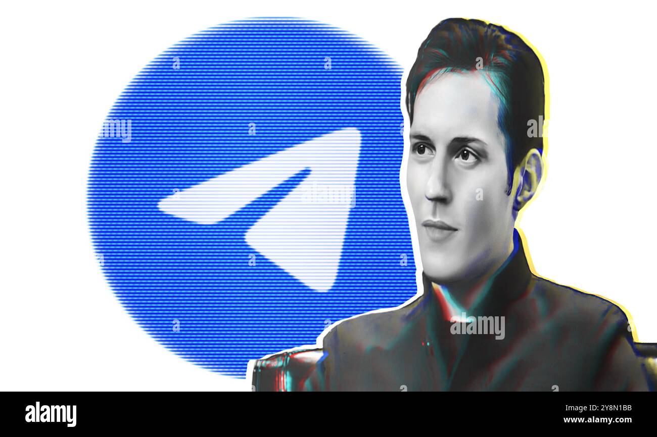 Ukraine, 05 octobre 2024 : cette photo illustrative montre le logo des applications Telegram et un portrait du fondateur Pavel Durov. Banque D'Images