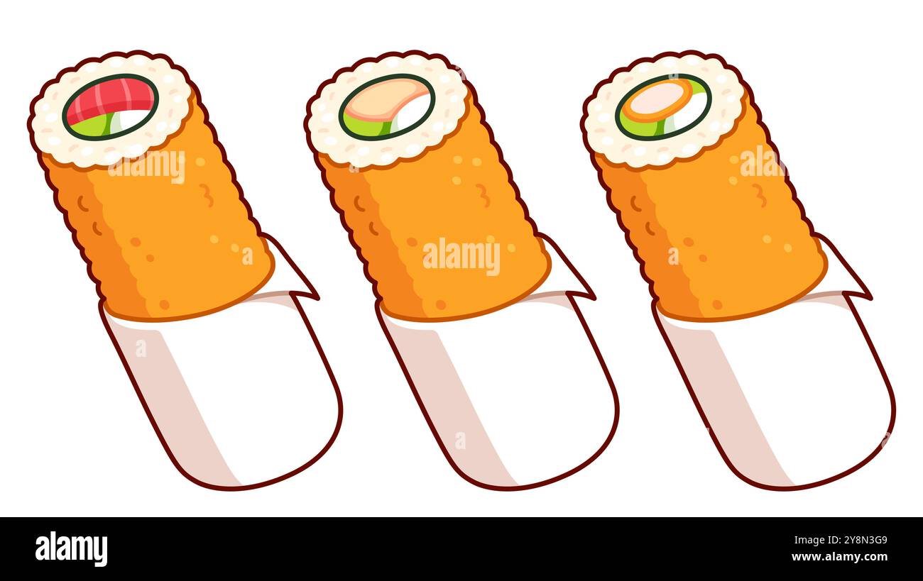Kit de dessin Handroll. Rouleau de sushi frit, fast-food chilien japonais. Poulet, saumon et crevettes tempura. Illustration vectorielle de dessin animé. Illustration de Vecteur