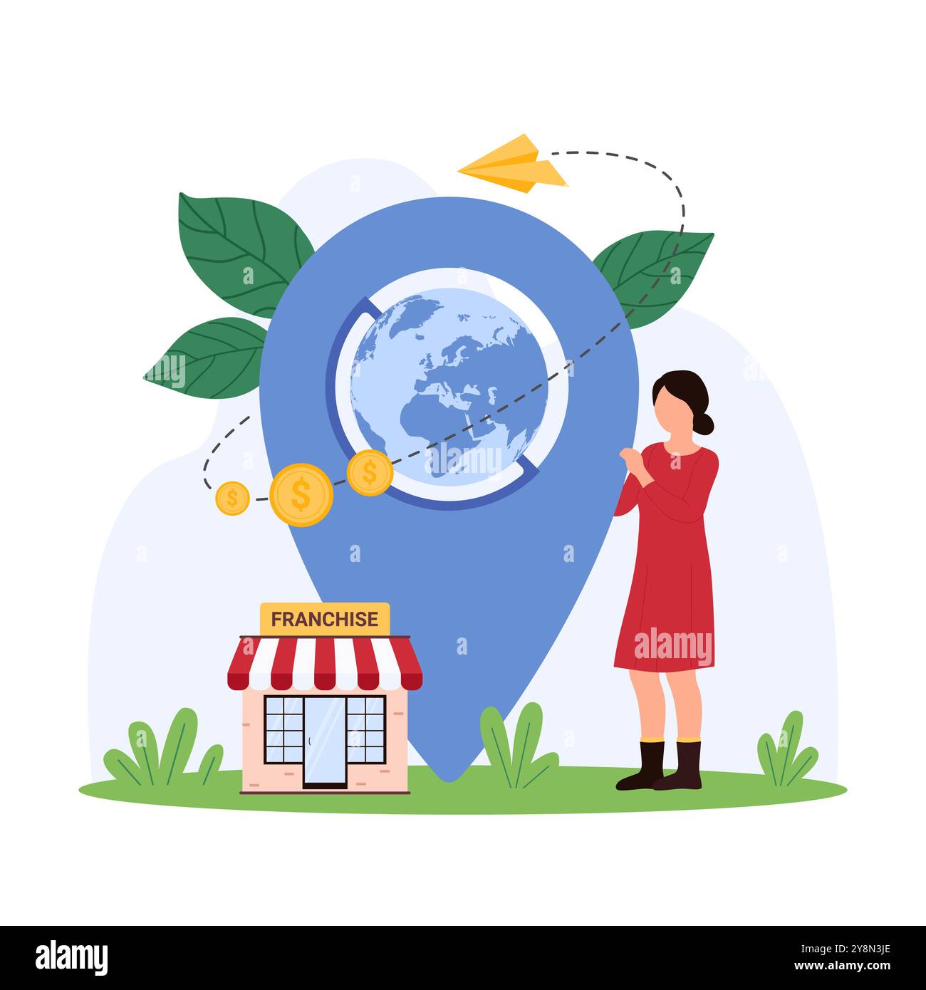 Croissance mondiale de la franchise, ouverture de succursales avec des partenaires. Petite femme avec globe terrestre à l'intérieur du pointeur d'emplacement, petit modèle de bâtiment de magasin ou d'illustration vectorielle de dessin animé de restaurant Illustration de Vecteur