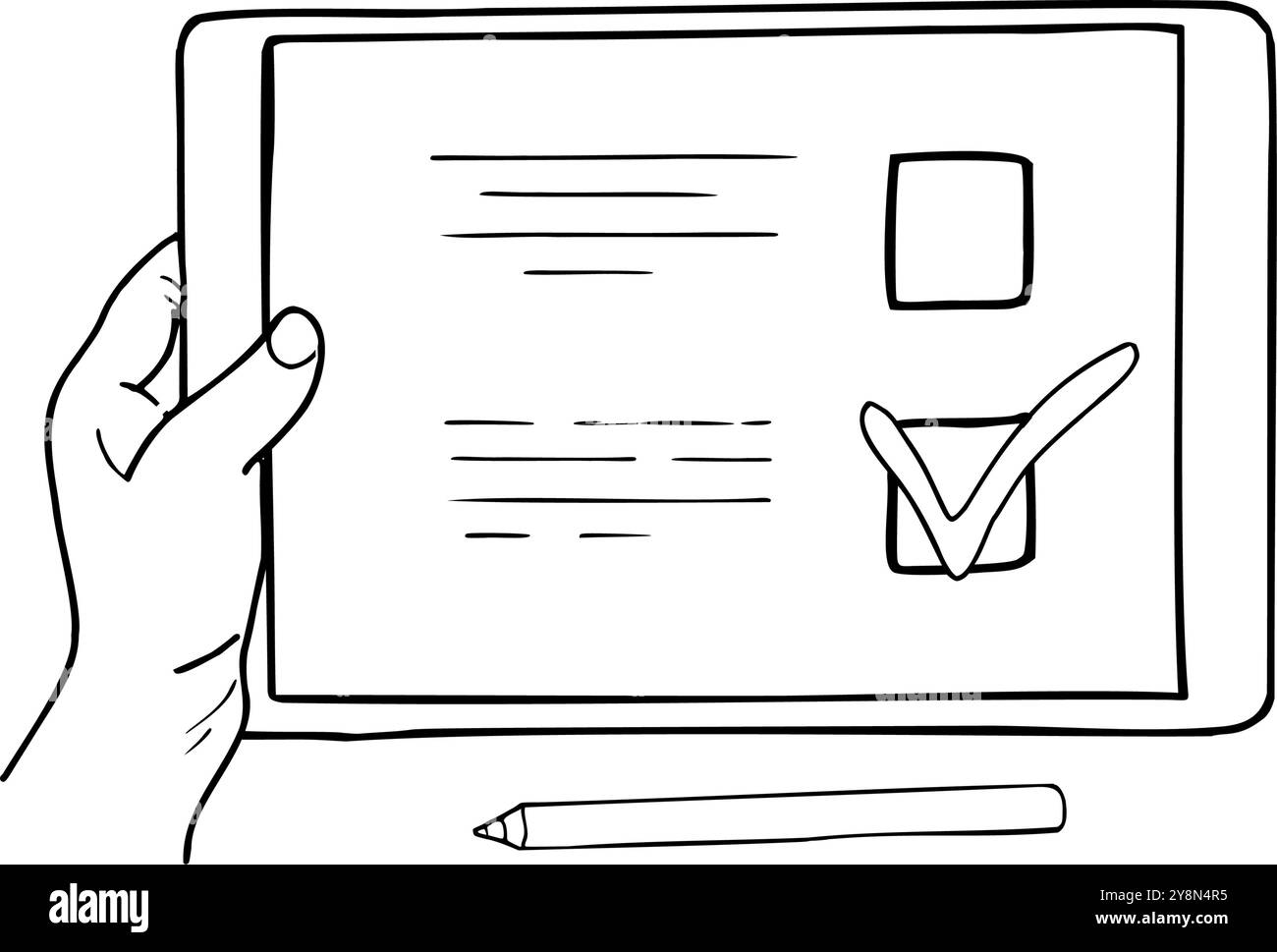 Tablette monochrome tenant la main avec document ouvert pour remplir l'accord, vote avec croquis vectoriel de stylet peint par des encres noires. Enregistrer l'application Illustration de Vecteur