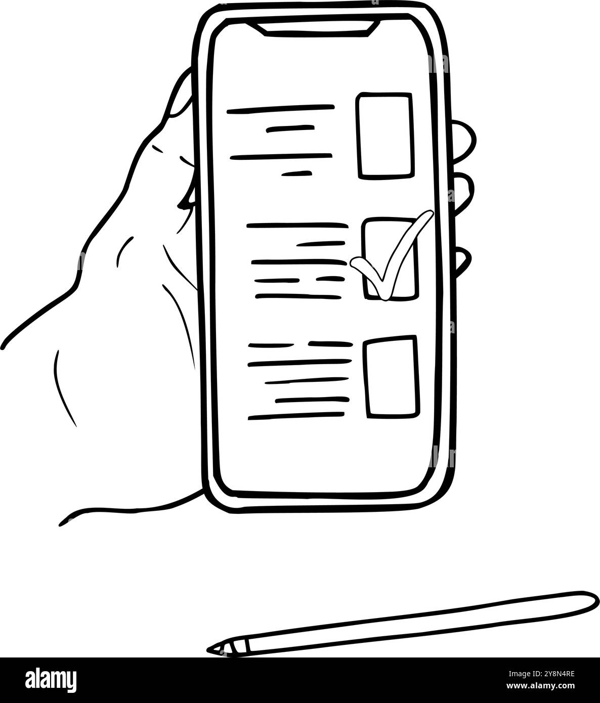 Main monochrome tenant verticalement téléphone avec document ouvert pour remplir le consentement, vote avec un croquis isolé de vecteur de stylet peint par des encres noires. Illustration de Vecteur