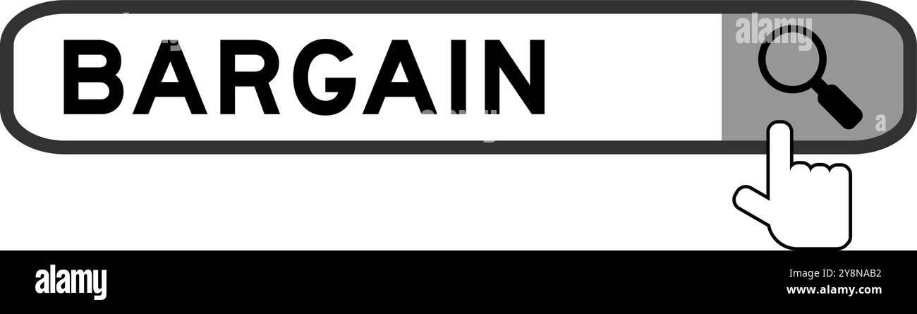 Bannière de recherche dans le mot Bargain avec l'icône loupe de main sur fond blanc Illustration de Vecteur