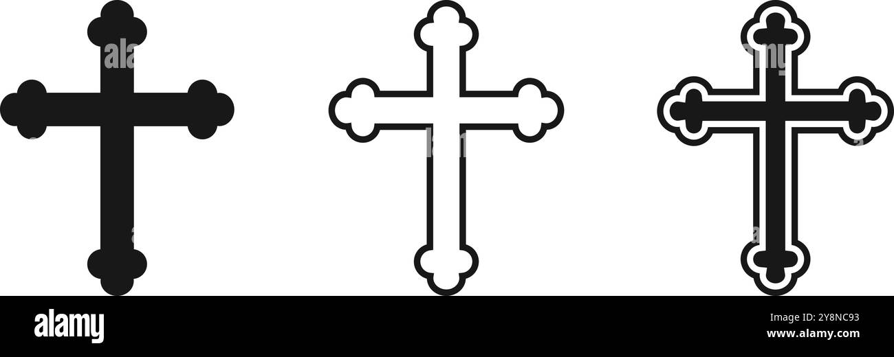 Vecteur crucifix orné plat, style solide et contour, croix décorative, symbole religieux, icône chrétienne, conception spirituelle crucifix, art sacré, noir Illustration de Vecteur