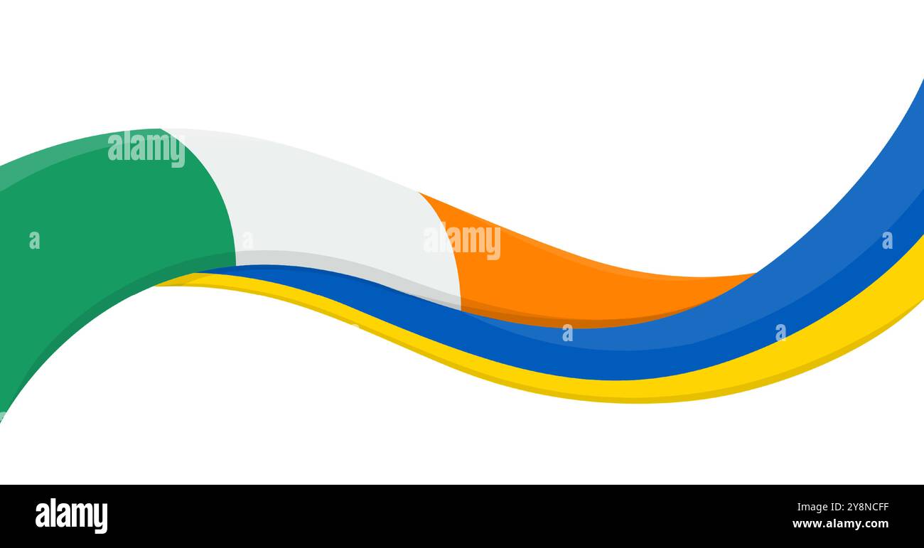 Bannière de ruban ondulé du drapeau national de l'Ukraine avec le drapeau national de l'Irlande. Symbole d'unité et de coopération. Logo pour les événements sociaux caritatifs, ONG, équipe sportive Illustration de Vecteur