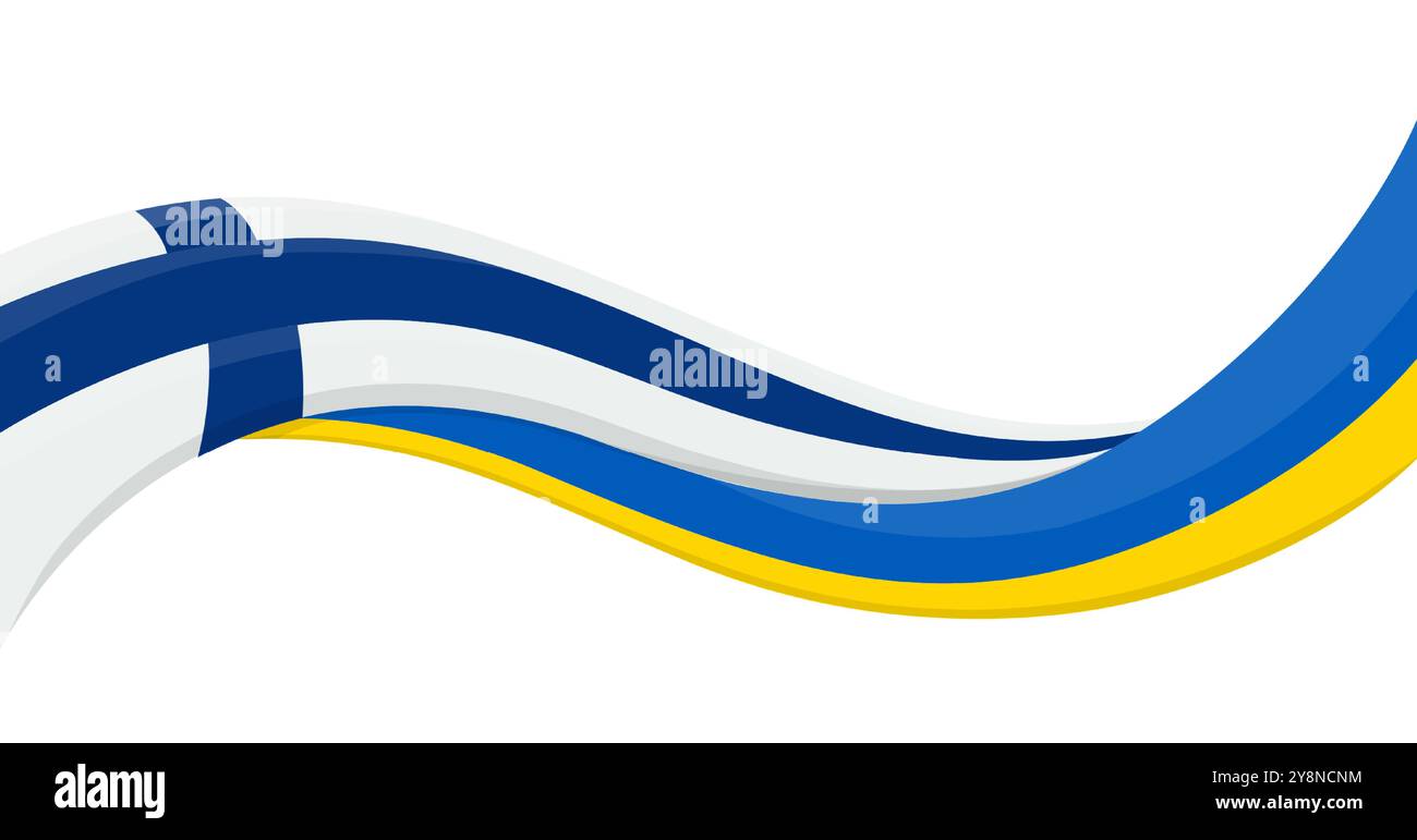 Bannière de ruban ondulé du drapeau national de l'Ukraine avec le drapeau national de la Finlande. Symbole d'unité et de coopération. Logo pour les événements sociaux caritatifs, ONG, équipe sportive Illustration de Vecteur