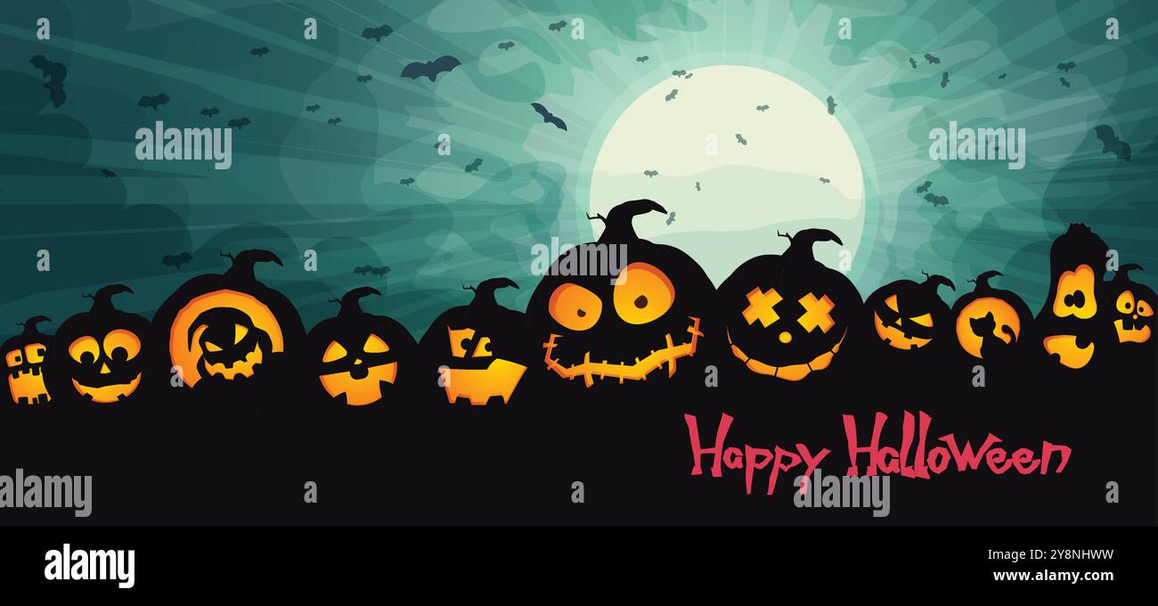 monstres de citrouille d'halloween à minuit pleine lune Illustration de Vecteur