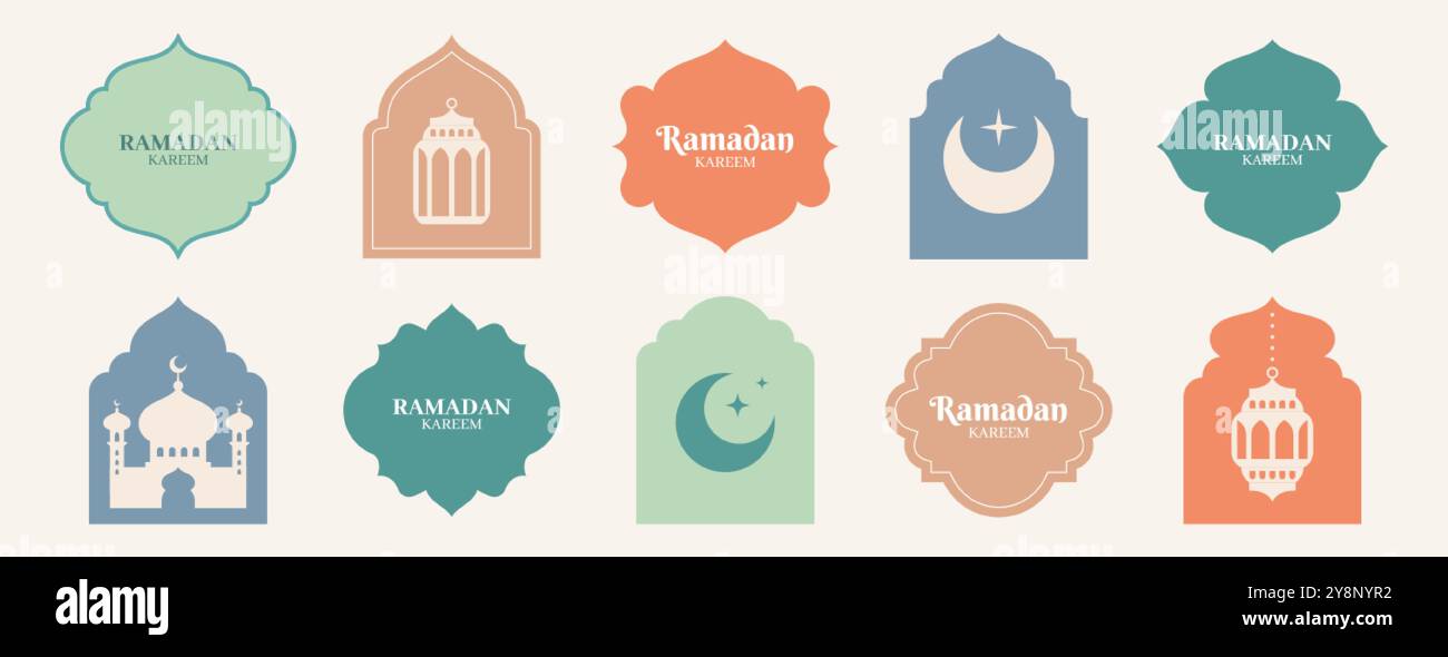 Ensemble de fenêtres de forme islamique dans le style oriental. Vieilles portes de mosquée, cadres arabes ou silhouette d'arches arabes. Portail géométrique d'architecture musulmane, arcs minimaux marocains et police ramadan kareem Illustration de Vecteur