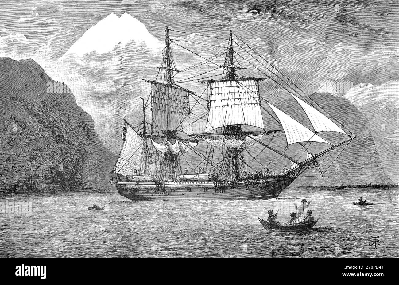 HMS Beagle. HMS Beagle dans le détroit de Magellan devant l'imposant Monte Sarmiento, gravure de Robert Taylor Pritchett, 1913 Banque D'Images