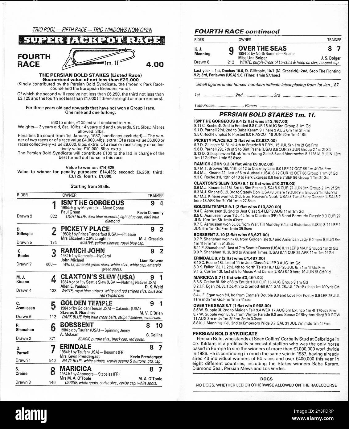 La carte de course pour les Persian Bold Stakes d'août 1985 qui se sont déroulées à l'hippodrome de Phoenix Park, Dublin, Irlande. Banque D'Images