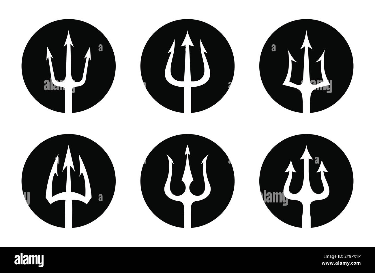 Icône vectorielle Trident définie dans le cercle noir isolé sur fond blanc. Vecteur logo noir ensemble de tridents dans le cercle Triton, Neptune, Poséidon. Illustration de Vecteur