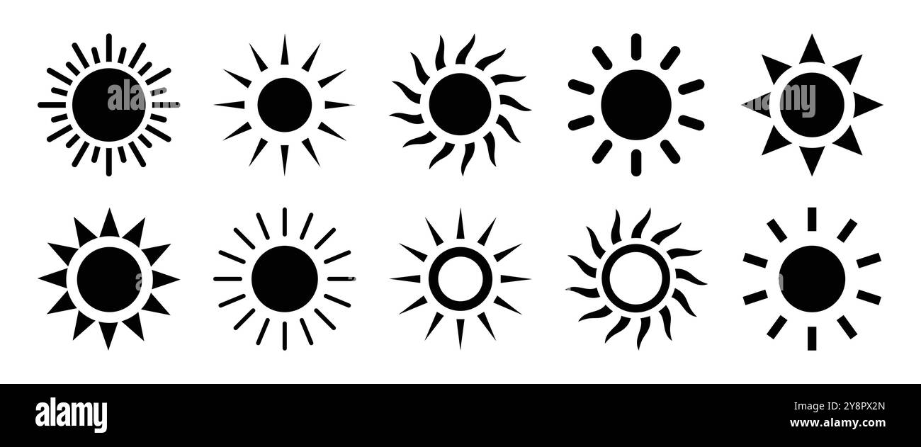 Icônes soleil. Icône de vecteur soleil définie dans la couleur noire isolée. Collection Sun Icon en couleur noire. Icône solaire d'été isolé sur fond blanc. Style plat. Illustration de Vecteur