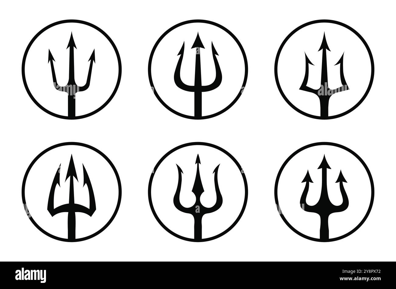 Icône vectorielle Trident définie dans un cercle de contour noir isolé sur fond blanc. Vecteur logo noir ensemble de tridents dans le cercle Triton, Neptune, Poséidon. Illustration de Vecteur