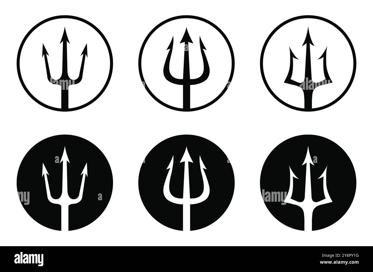 Icône Trident définie en cercle isolé sur fond blanc. Vecteur logo noir ensemble de tridents dans le cercle Triton, Neptune, Poséidon. Conception plate. Illustration de Vecteur