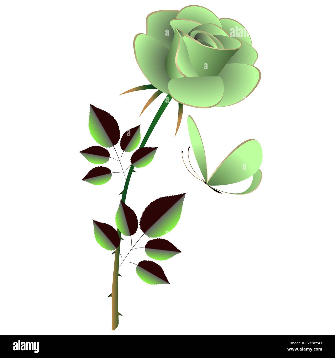 Rose avec un papillon dans une couleur vert clair. Illustration de Vecteur