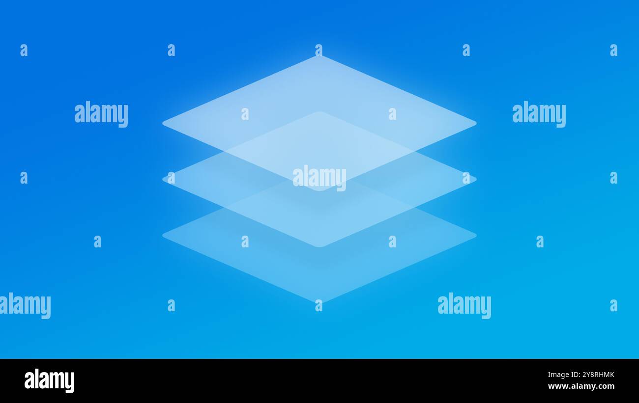Trois formes de losanges lumineux transparents et en couches (carrés inclinés) sur un fond dégradé de couleurs bleu vif et éclatant. Arrière-plan abstrait. Banque D'Images