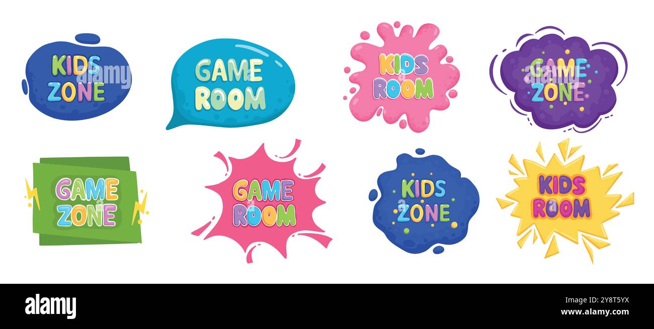 Badges de salle de jeu pour enfants de dessin animé, étiquettes de zone de jeu. Divertissement salle de jeux pour enfants, zone de jeu autocollants de partie plat de symboles vectoriels. pla enfant coloré Illustration de Vecteur