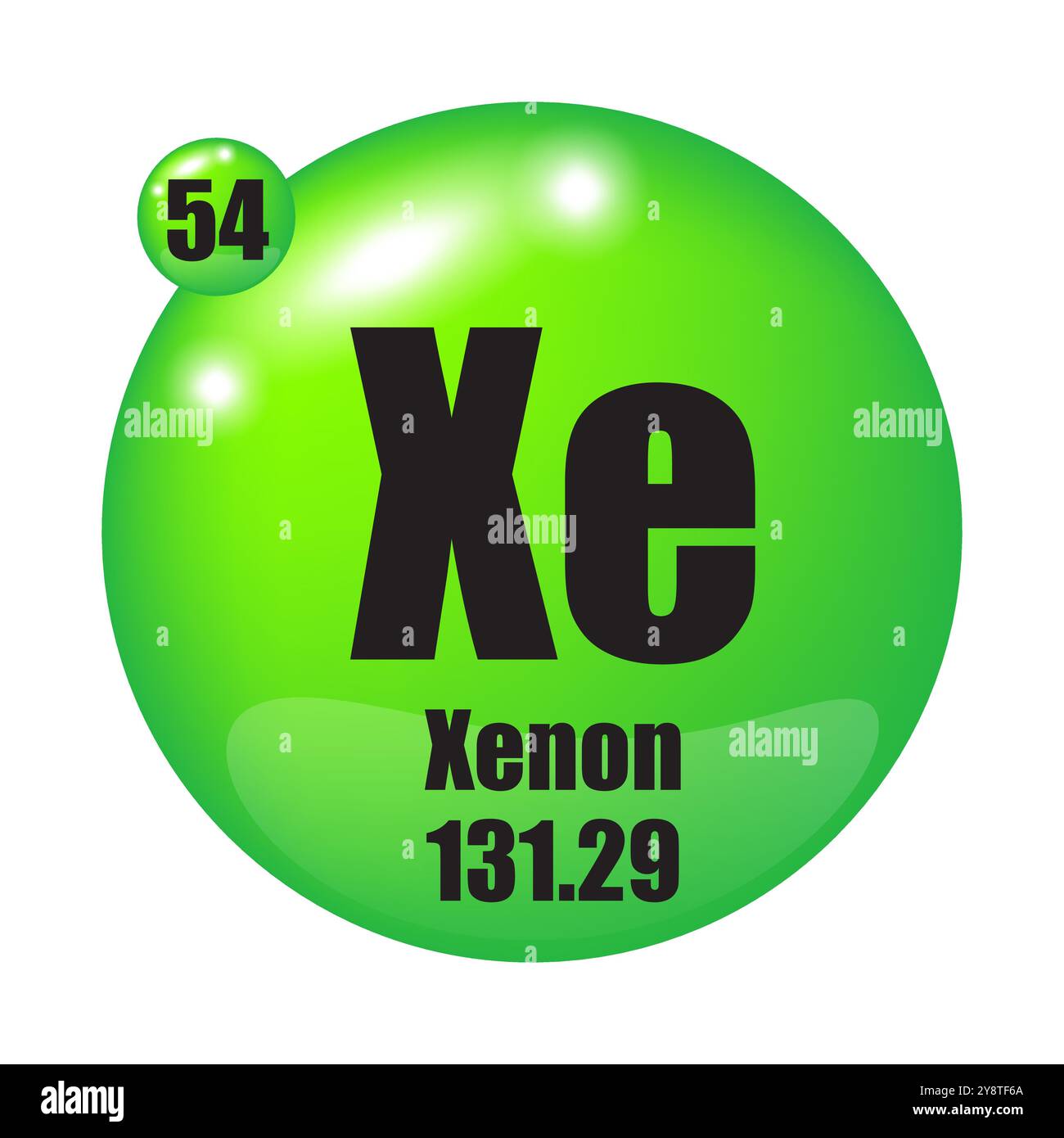 Icône xénon. Elément chimique XE. Numéro atomique 54. Masse 131.29. Sphère verte. Illustration de Vecteur