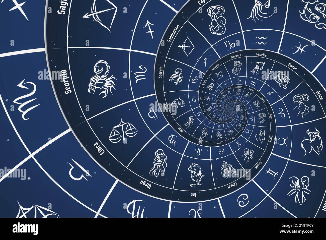 Fond astrologique avec signes et symbole du zodiaque, bleu Banque D'Images