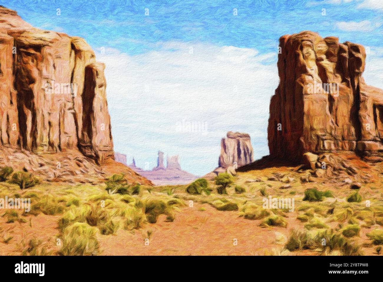 Illustration créative en aquarelle vintage, Monument Valley aux Etats-Unis, panorama rouge avec ciel bleu Banque D'Images