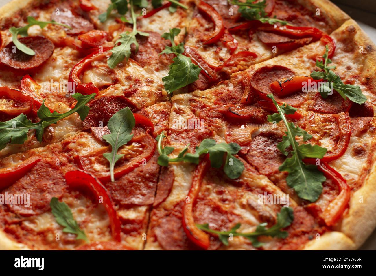 Pizza avec pepperoni et tomates gros plan vue détaillée nourriture plat poser fond Banque D'Images