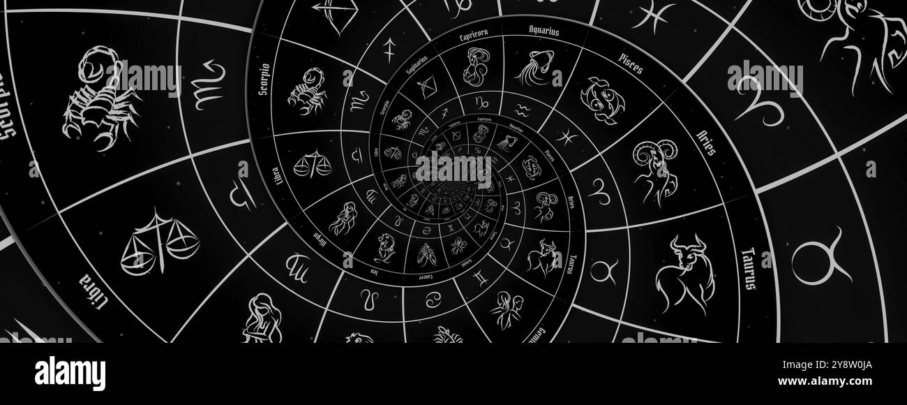 Fond astrologique avec signes et symbole du zodiaque, noir Banque D'Images