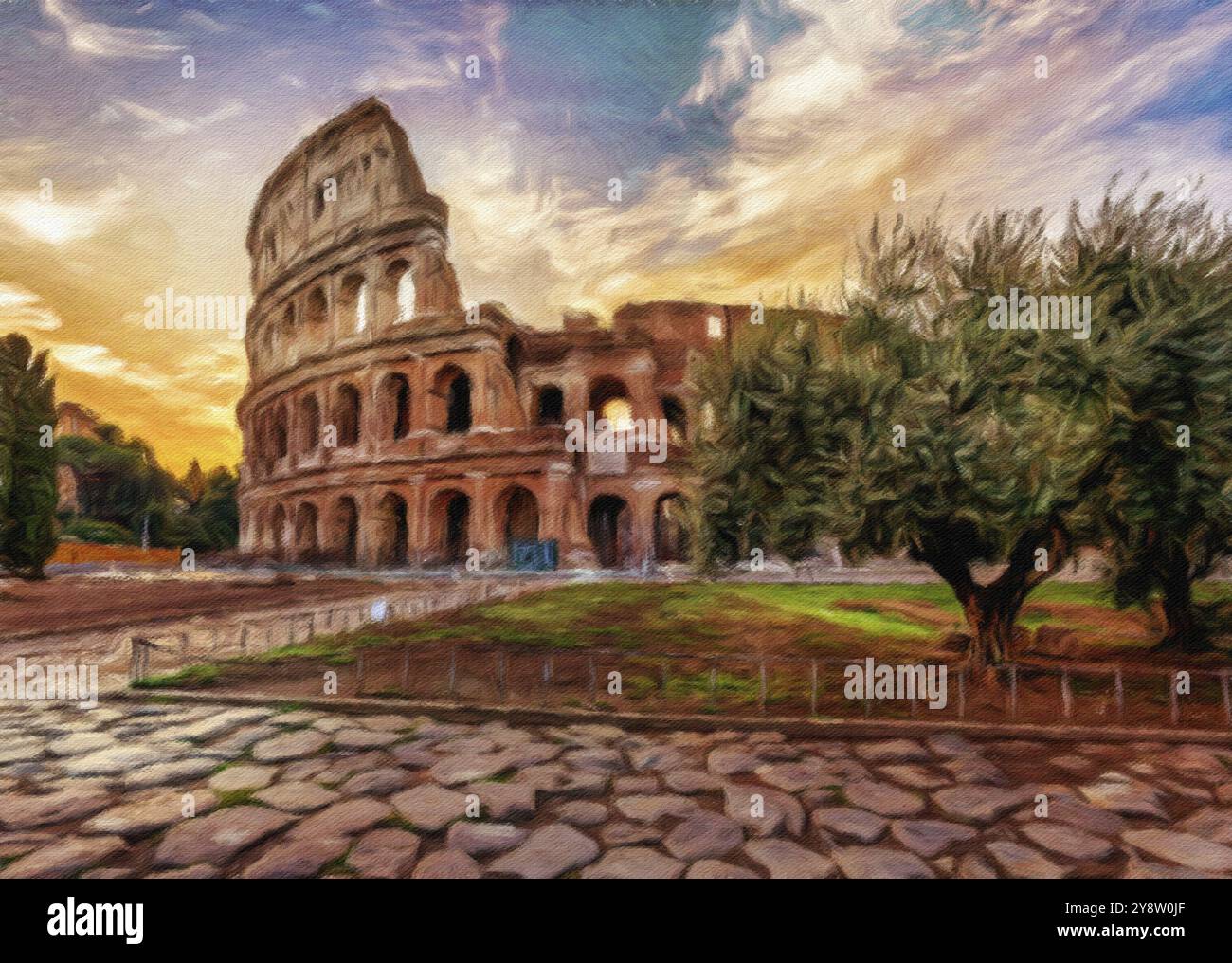 Rome, Italie, coucher de soleil derrière le Colisée, illustration créative, design impressionniste vintage, Europe Banque D'Images