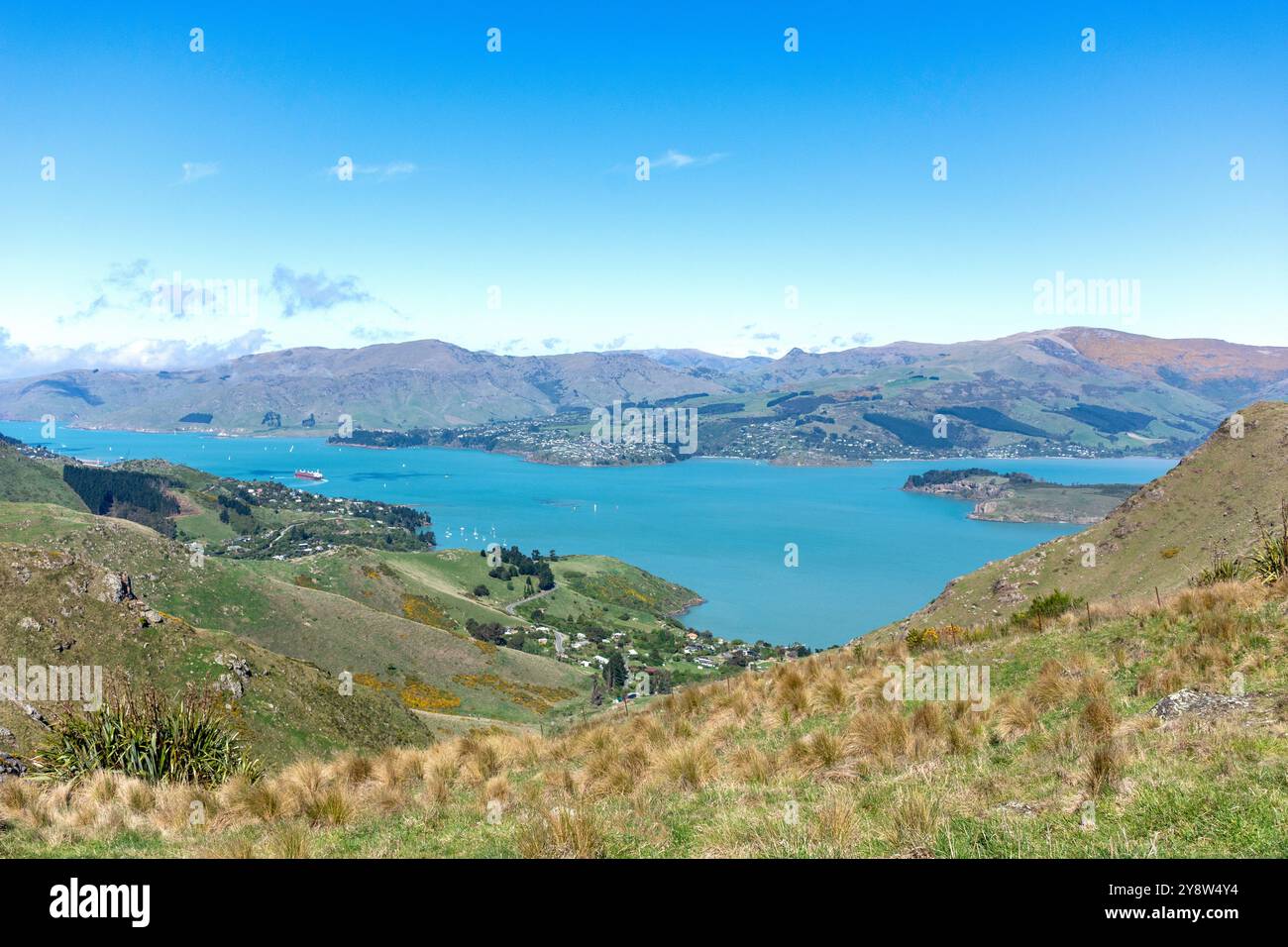 Port de Lyttelton depuis Mt Vernon Park, Summit Road, Banks Peninsula, Canterbury, Nouvelle-Zélande Banque D'Images