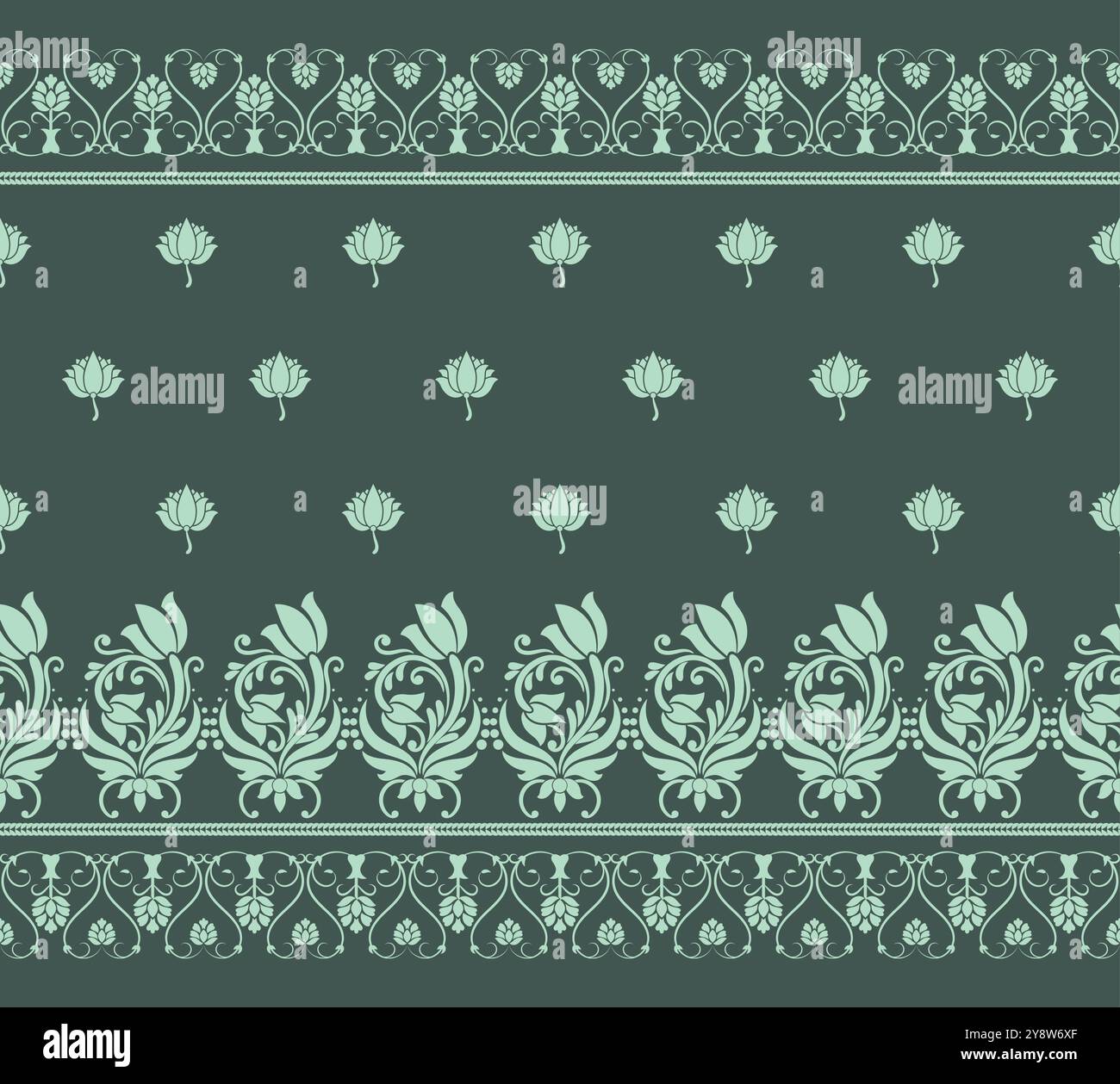 Le motif vert floral ikat Indian motif sans couture horizontale est conçu pour les décorations de fond, les impressions textiles, la texture de tissu et autres Illustration de Vecteur