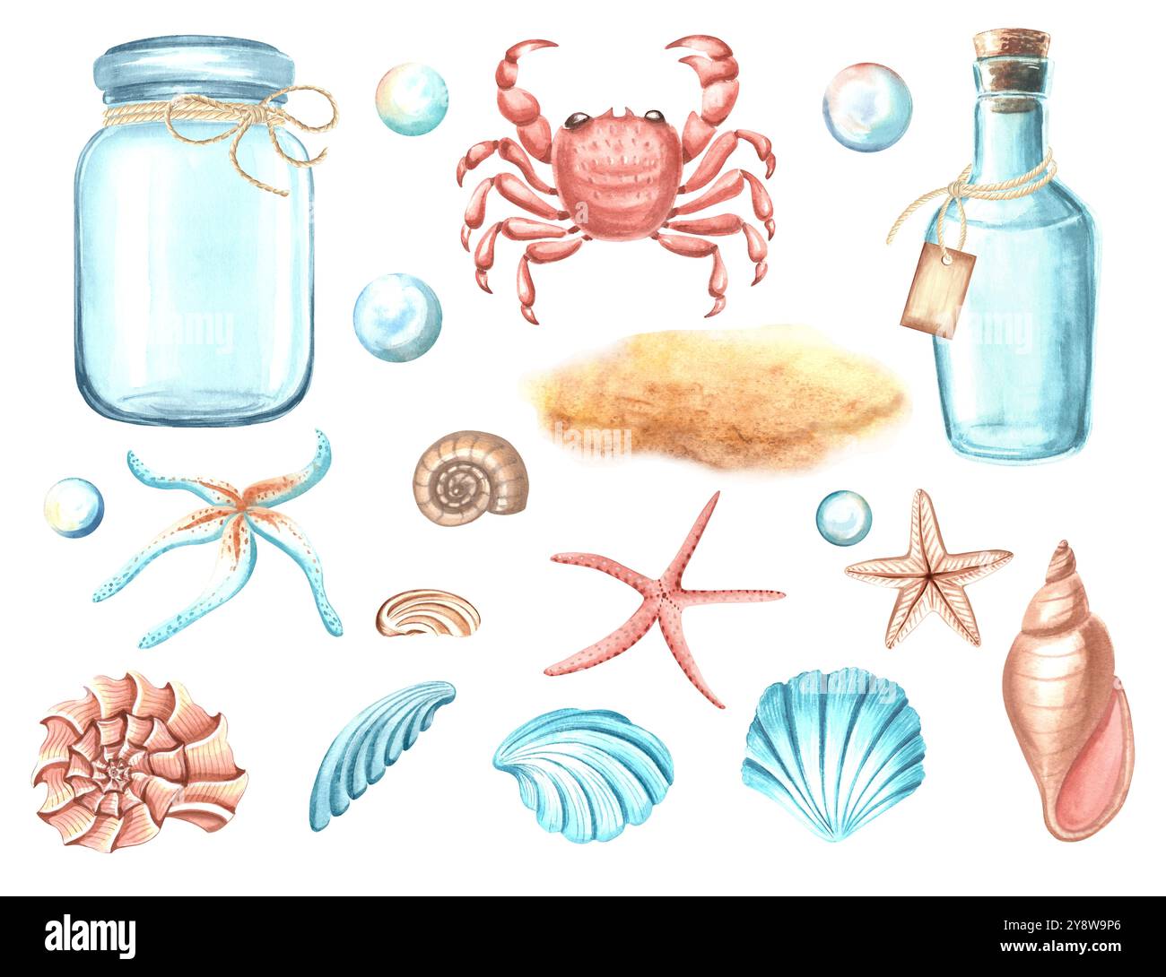 Collection de décors sous-marins. Pot en verre et bouteille avec crabe, étoiles de mer et des eaux de mer avec du sable. Ensemble d'illustration dessinée à la main à l'aquarelle isolé Banque D'Images