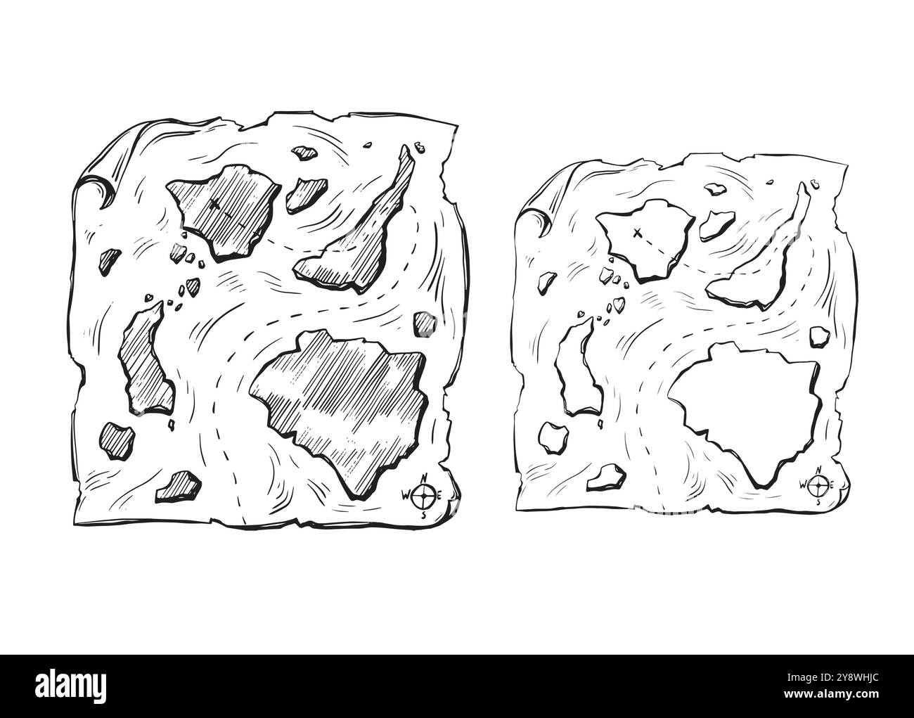 Carte médiévale isle place sur fond d'eau vive. Vue sur le jeu. Ligne à main levée encre noire dessinée à la main Journey Way icône de signe dans le dessin animé d'art. Illustration de Vecteur