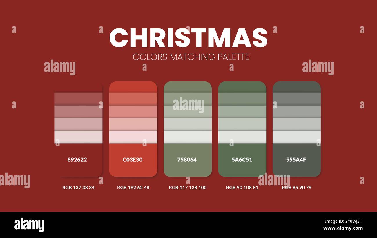 Les palettes de couleurs du thème de Noël ou les schémas de couleurs sont des combinaisons de tendances et des guides de palette cette année, un tableau des nuances de couleur en RVB ou HEXADÉCIMAL. Un swat de couleur Illustration de Vecteur