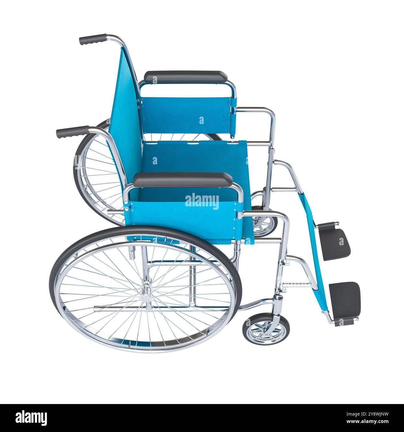 Fauteuil roulant bleu avec fond transparent de cadre métallique, concept médical 3D. Banque D'Images