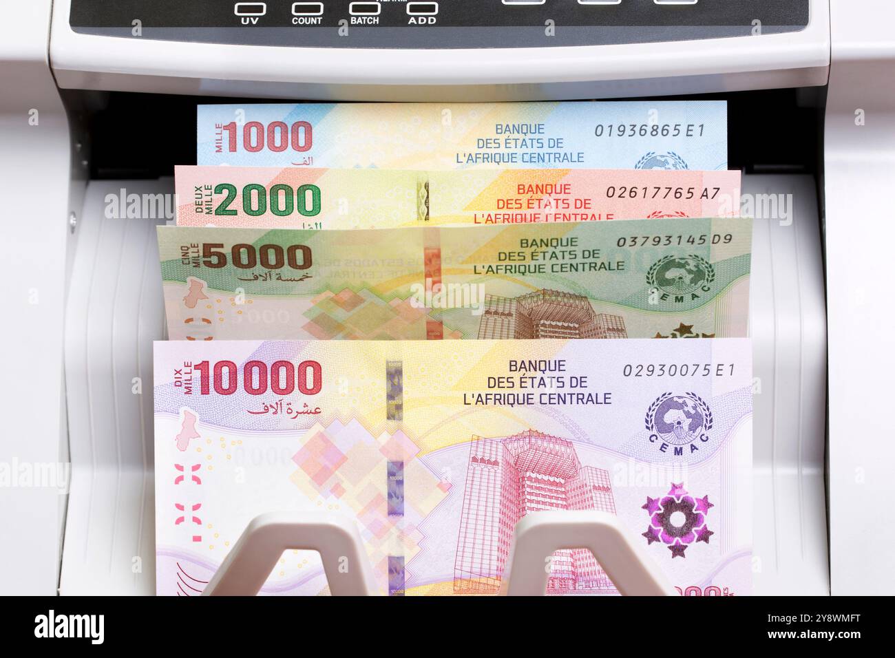 Monnaie centrafricaine - franc CFA dans la machine à compter Banque D'Images