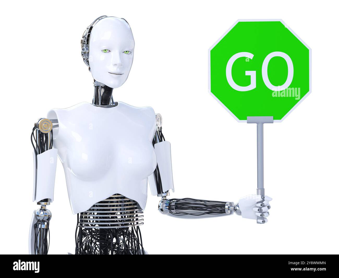 Rendu 3D d'un robot féminin tenant un signe vert GO. Banque D'Images