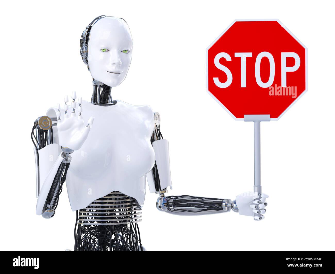 Rendu 3D d'un robot féminin tenant un panneau stop rouge et tenant sa main levée comme elle dit STOP. Fond blanc. Banque D'Images