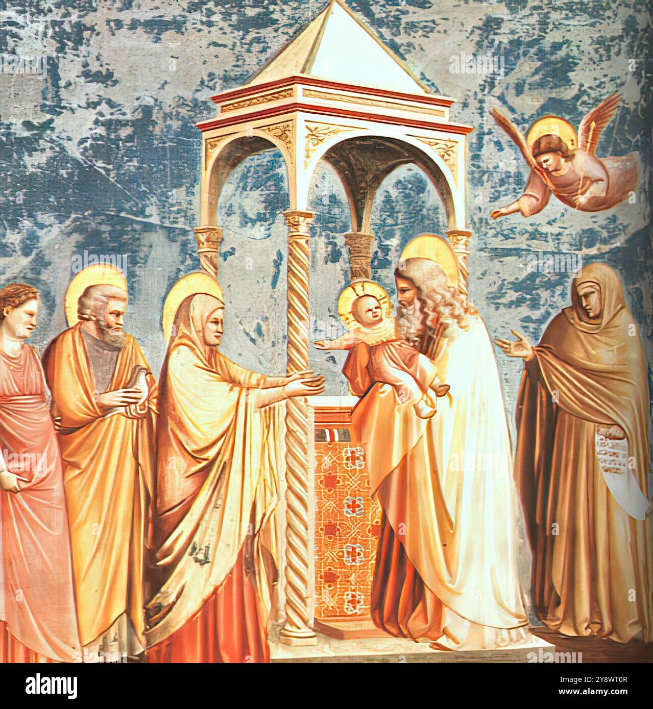 GIOTTO di Bondone (né en 1267, Vespignano, décédé en 1337, Florence) No 19 scènes de la vie du Christ : 3. Présentation au Temple 1304-06 fresque, 200 x 185 cm Cappella Scrovegni (Chapelle de l'arène), Padoue les cinq scènes sur le mur de droite représentent la Nativité, l'Adoration des Mages, la présentation au Temple, la fuite en Égypte et le massacre des innocents. Le temple dans cette scène est le même que celui qui apparaît dans l'expulsion de Joachim du Temple et la présentation de la Vierge dans le Temple, mais cette fois nous sommes montrés seulement le sanctuaire sur l'autel. *** Touche Banque D'Images GIOTTO di Bondone (né en 1267, Vespignano, décédé en 1337, Florence) No 19 scènes de la vie du Christ : 3. Présentation au Temple 1304-06 fresque, 200 x 185 cm Cappella Scrovegni (Chapelle de l'arène), Padoue les cinq scènes sur le mur de droite représentent la Nativité, l'Adoration des Mages, la présentation au Temple, la fuite en Égypte et le massacre des innocents. Le temple dans cette scène est le même que celui qui apparaît dans l'expulsion de Joachim du Temple et la présentation de la Vierge dans le Temple, mais cette fois nous sommes montrés seulement le sanctuaire sur l'autel. *** Touche Banque D'Images