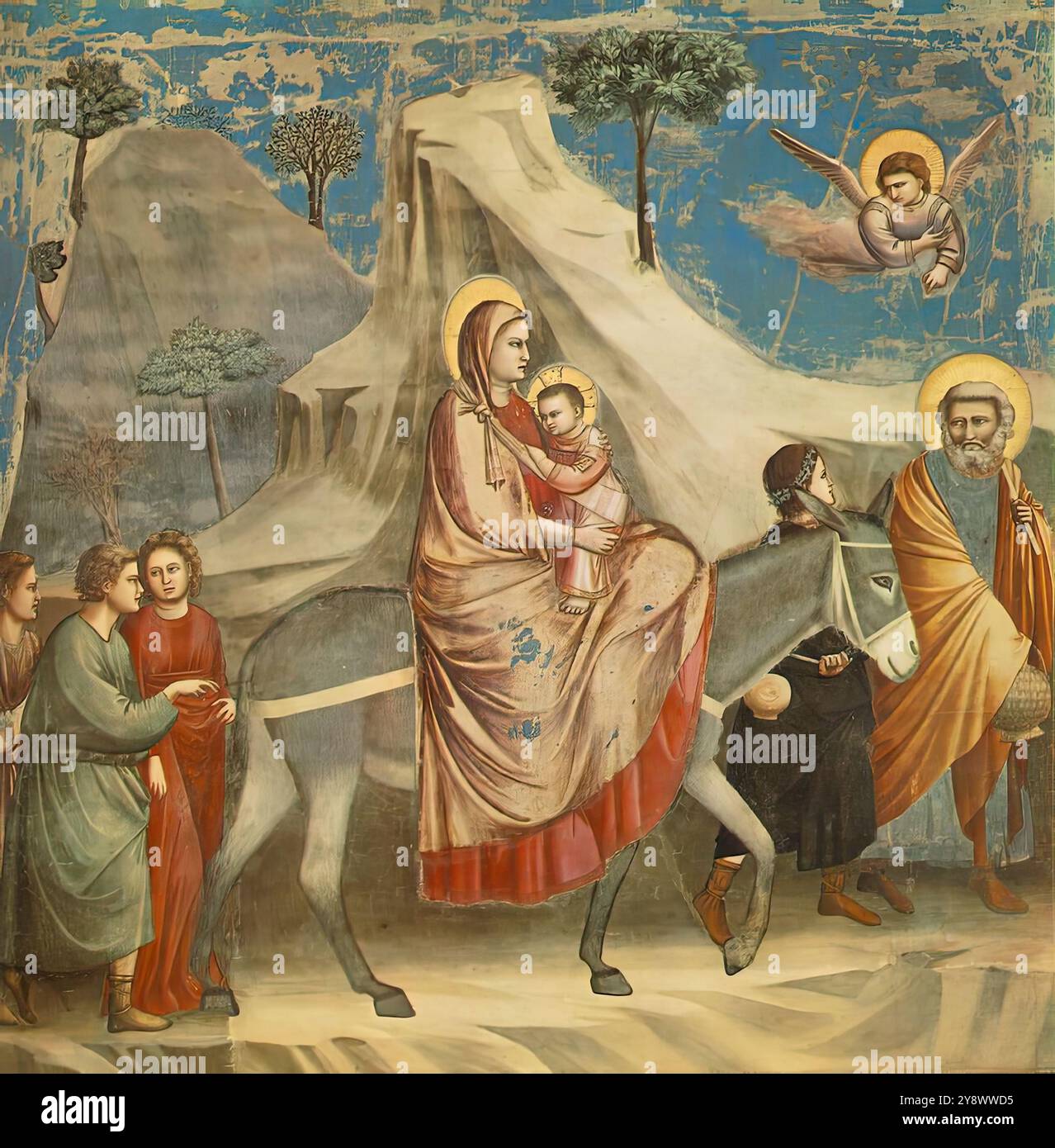 GIOTTO di Bondone (né en 1267, Vespignano, décédé en 1337, Florence) No. 20 scènes de la vie du Christ : 4. Vol en Égypte 1304-06 fresque, 200 x 185 cm Cappella Scrovegni (Chapelle de l'arène), Padoue la fuite en Égypte, l'une des plus célèbres fresques de la Chapelle de l'arène, se déroule dans un paysage rocheux comme celui de la stigmatisation de Saint François à assise, bien qu'elle soit plus douce en apparence. Marie et son enfant forment un groupe isolé au centre de la scène, leur solennité renforcée par les plis riches et magnifiquement rendus de sa cape. Son profil est beaucoup plus convaincant que tous ceux de la fres Banque D'Images