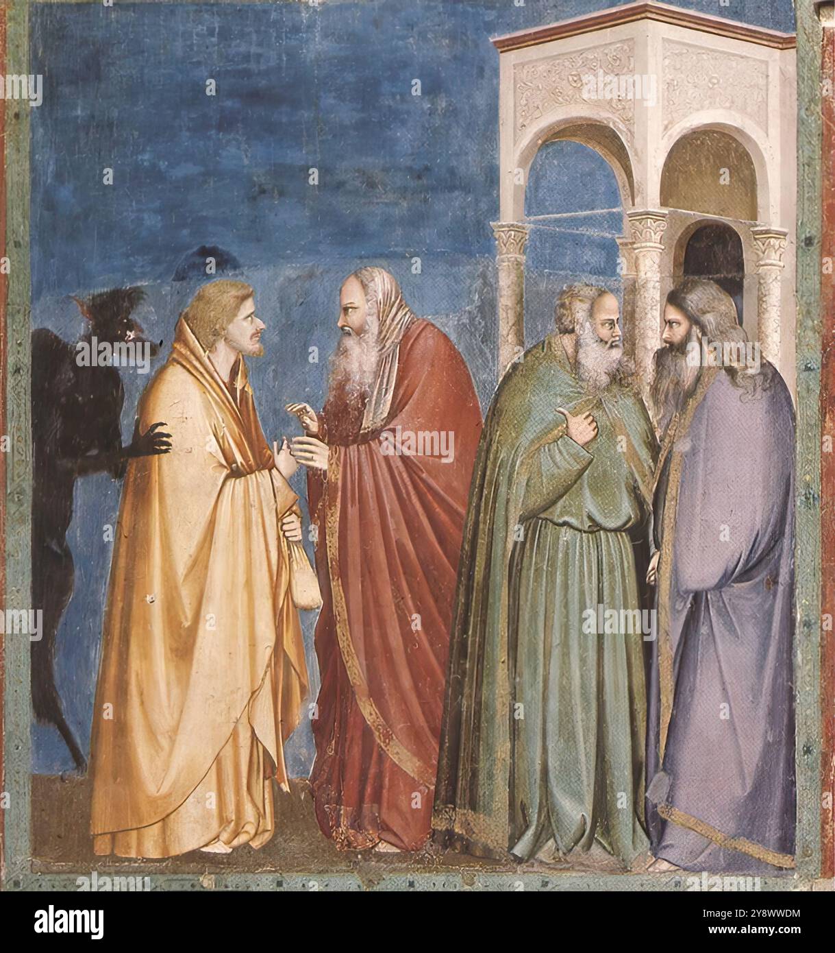 GIOTTO di Bondone (né en 1267, Vespignano, décédé en 1337, Florence) No 28 scènes de la vie du Christ : 12. Judas recevant paiement pour sa trahison 1304-06 Fresco, 150 x 140 cm Cappella Scrovegni (Chapelle de l'arène), Padoue nous arrivons maintenant à la scène sur le côté gauche de l'arc du choeur, Judas recevant paiement pour sa trahison. Judas est représenté de profil, avec un halo noir et avec le diable debout derrière lui. Son portrait est en accord avec ces préceptes didactiques simples qui auraient révélé le mal par un visage laid. *** Mots-clés : ************* Auteur : GIOTTO di Bondone titre : No. 28 Scenes Fro Banque D'Images GIOTTO di Bondone (né en 1267, Vespignano, décédé en 1337, Florence) No 28 scènes de la vie du Christ : 12. Judas recevant paiement pour sa trahison 1304-06 Fresco, 150 x 140 cm Cappella Scrovegni (Chapelle de l'arène), Padoue nous arrivons maintenant à la scène sur le côté gauche de l'arc du choeur, Judas recevant paiement pour sa trahison. Judas est représenté de profil, avec un halo noir et avec le diable debout derrière lui. Son portrait est en accord avec ces préceptes didactiques simples qui auraient révélé le mal par un visage laid. *** Mots-clés : ************* Auteur : GIOTTO di Bondone titre : No. 28 Scenes Fro Banque D'Images