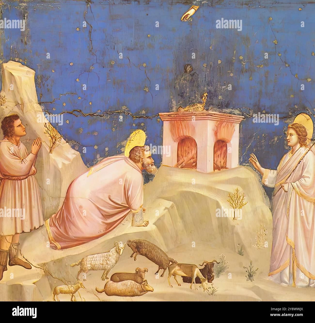 GIOTTO di Bondone (né en 1267, Vespignano, décédé en 1337, Florence) No. 4 scènes de la vie de Joachim : 4. Offrande sacrificielle de Joachim 1304-06 fresque, 200 x 185 cm Cappella Scrovegni (Chapelle de l'arène), Padoue L'offrande de Joachim est acceptée par Dieu, ceci est symbolisé par la main de Dieu apparaissant haut au-dessus de l'autel. Juste au-dessus de l'autel, au-dessus des restes de l'animal offert, une petite figure de prière peut être vue. *** Mots-clés : ************* Auteur : GIOTTO di Bondone titre : No. 4 Scenes from the Life of Joachim : 4. Offre sacrificielle de Joachim chronologie : 1301-1350 École : italienne forme : peinture T Banque D'Images